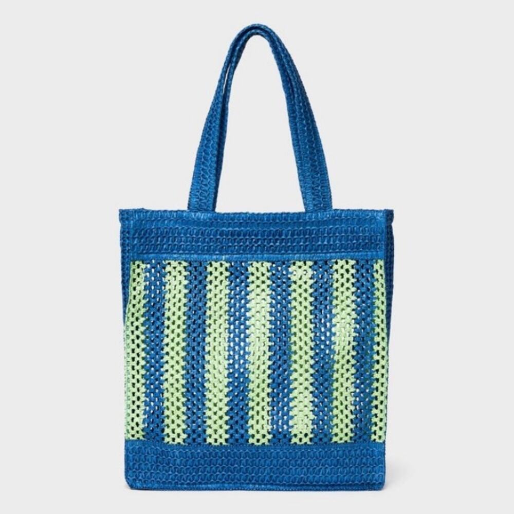 Universal Thread  Blue Green Striped Straw Crochet Tote Handbag - Picture 2 of 9